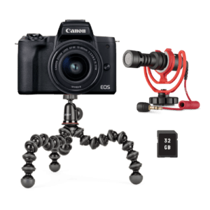 EOS M50 Mark II Body (Black); EF-M15-45mm 1:3.5-6.3 IS STM; Battery Charger LC-E12E; Battery Pack LP-E12; Rode Vid Micro; Joby G