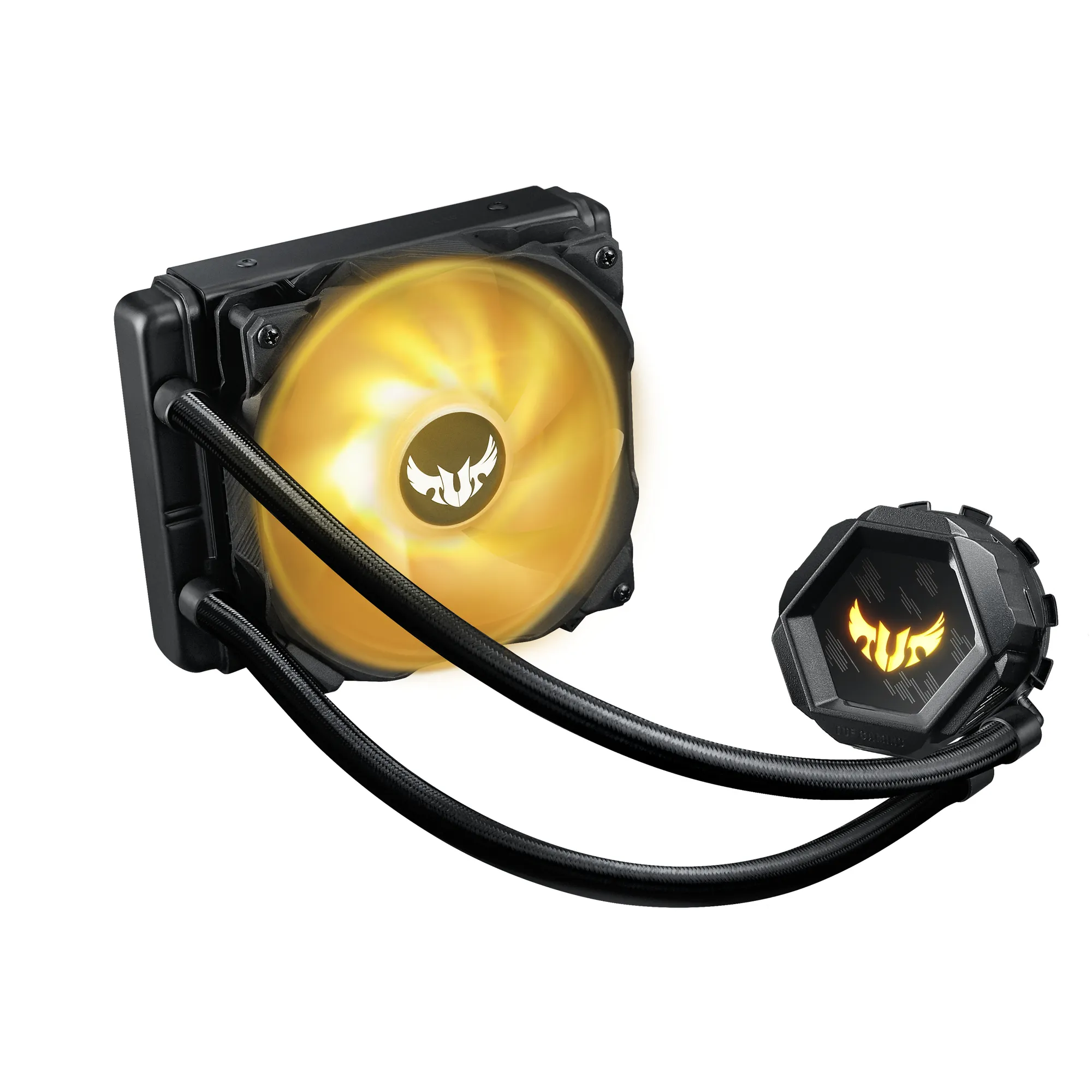 TUF Gaming LC 120 RGB all-in-one liquid CPU cooler with Aura Sync; and TUF 120mm RGB radiator fans