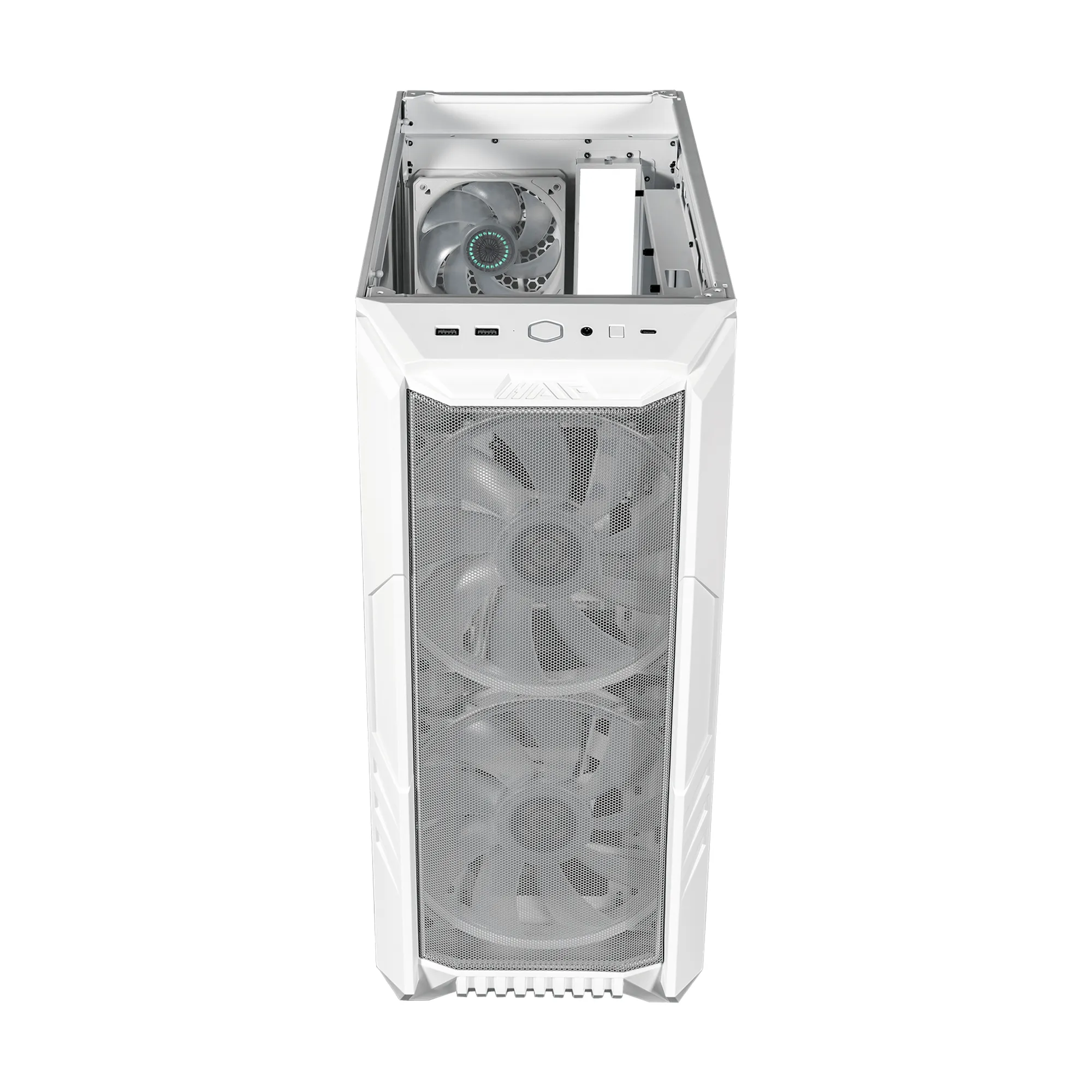 CM Case H500; 2 x 200mm rgb fans with controller; ATX; Case handle; Mesh and Transparent covers; White