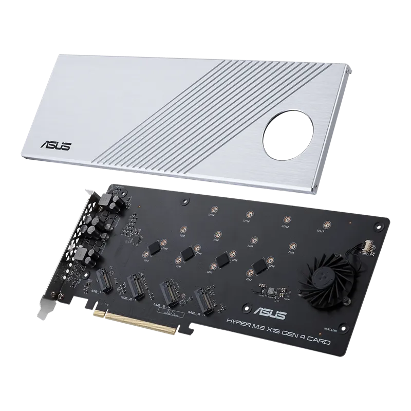 'ASUS Hyper M.2 x16 Gen 4 Card (PCIe 4.0/3.0) supports four NVMe M.2 (2242/2260/2280/22110) devices up to 256 Gbps.