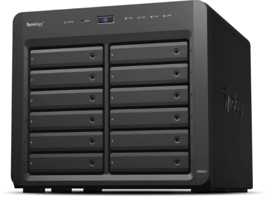 12-Bay Plus series Desktop NAS; expandable up to 24 bays with expansion unit.